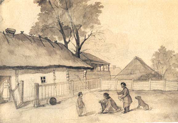 Т. Г. Шевченко малює селянське подвір'я. Сепія. (Весна 1845).