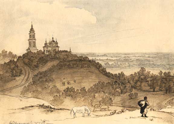 Воздвиженський монастир у Полтаві. Туш, сепія, акварель. (Серпень 1845).