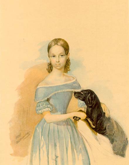 Портрет дівчини з собакою. 1838. Акварель.