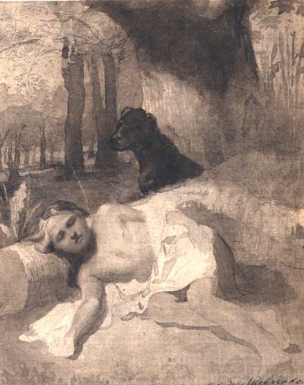 Хлопчик з собакою в лiсi. Сепiя. (1840).