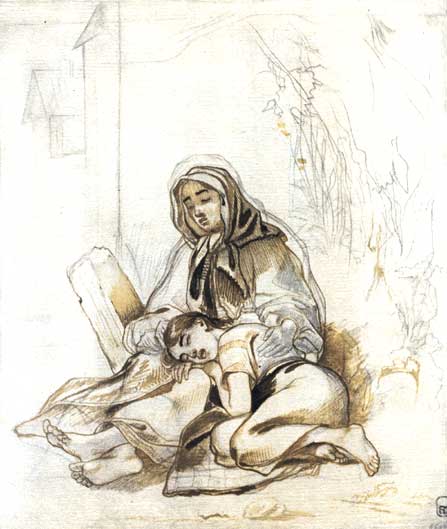 Сліпа з дочкою. Автоілюстрація до поеми "Слепая". Олівець, сепія. (1842).