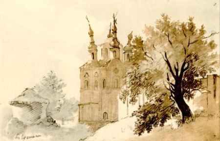В Густині церква Петра і Павла. 1845. Акварель.